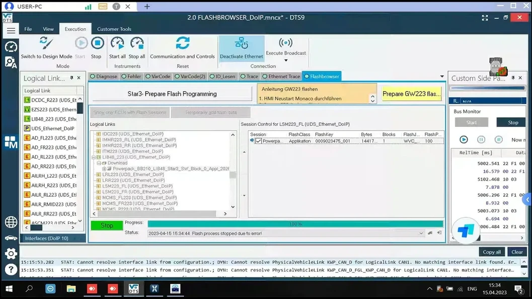Diagnostický software DTS Monaco na monitoru